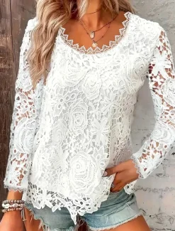Online Shirt Blouse Women's Black White Pink Plain Lace Street Daily Fashion Round Neck Regular Fit S Women Lace Tops