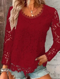 Online Shirt Blouse Women's Black White Pink Plain Lace Street Daily Fashion Round Neck Regular Fit S Women Lace Tops