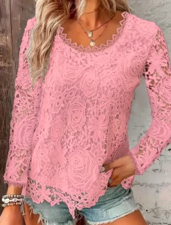 Online Shirt Blouse Women's Black White Pink Plain Lace Street Daily Fashion Round Neck Regular Fit S Women Lace Tops