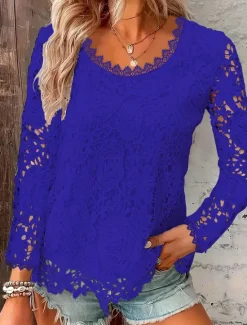 Online Shirt Blouse Women's Black White Pink Plain Lace Street Daily Fashion Round Neck Regular Fit S Women Lace Tops