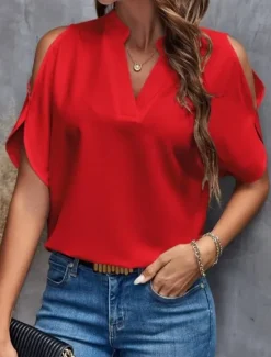 Best Shirt Blouse Women's Black White Yellow Solid Color Cut Out Street Daily Fashion V Neck S Women Blouses & Shirts