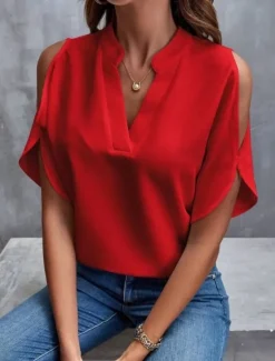 Best Shirt Blouse Women's Black White Yellow Solid Color Cut Out Street Daily Fashion V Neck S Women Blouses & Shirts