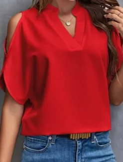 Best Shirt Blouse Women's Black White Yellow Solid Color Cut Out Street Daily Fashion V Neck S Women Blouses & Shirts