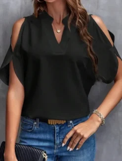 Best Shirt Blouse Women's Black White Yellow Solid Color Cut Out Street Daily Fashion V Neck S Women Blouses & Shirts