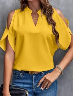 Best Shirt Blouse Women's Black White Yellow Solid Color Cut Out Street Daily Fashion V Neck S Women Blouses & Shirts
