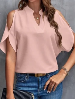Best Shirt Blouse Women's Black White Yellow Solid Color Cut Out Street Daily Fashion V Neck S Women Blouses & Shirts