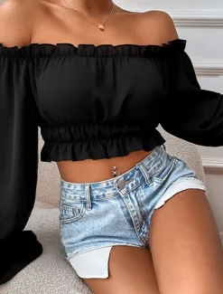 Outlet Shirt Blouse Women's Plain Crop Top Street Daily Fashion Off Shoulder Regular Fit S Women Blouses & Shirts