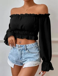 Outlet Shirt Blouse Women's Plain Crop Top Street Daily Fashion Off Shoulder Regular Fit S Women Blouses & Shirts