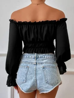 Outlet Shirt Blouse Women's Plain Crop Top Street Daily Fashion Off Shoulder Regular Fit S Women Blouses & Shirts