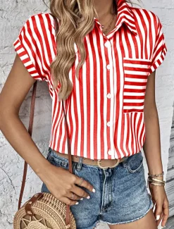 Clearance Shirt Blouse Women's Black Pink Red Stripes Button Pocket Print Daily Elegant V Neck Regular Fit S Women Blouses & Shirts