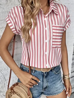 Clearance Shirt Blouse Women's Black Pink Red Stripes Button Pocket Print Daily Elegant V Neck Regular Fit S Women Blouses & Shirts
