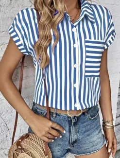 Clearance Shirt Blouse Women's Black Pink Red Stripes Button Pocket Print Daily Elegant V Neck Regular Fit S Women Blouses & Shirts