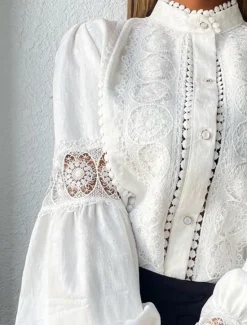 Discount Shirt Blouse Women's Plain Lace Button Street Daily Fashion Regular Fit Lantern Sleeve S Women Blouses & Shirts