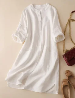 Best Shirt Cotton Linen Shirts Linen Shirt Button Up Women's White Blue Solid Color Buttons Long Street Daily Fashion Round Neck Cotton Linen Regular Fit M Women Shirts