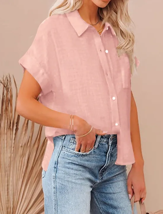 Outlet Shirt Cotton Linen Shirts Button Up Blouse Women's Black White Pink Plain Buttons Pocket Street Daily Fashion Shirt Collar Regular Fit S Women Shirts