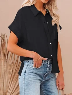 Outlet Shirt Cotton Linen Shirts Button Up Blouse Women's Black White Pink Plain Buttons Pocket Street Daily Fashion Shirt Collar Regular Fit S Women Shirts