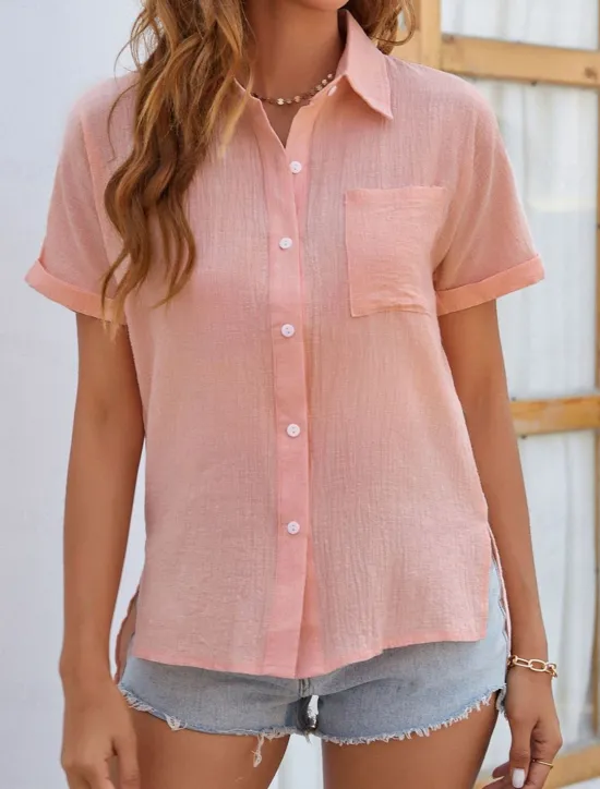 Outlet Shirt Cotton Linen Shirts Button Up Blouse Women's Black White Pink Plain Buttons Pocket Street Daily Fashion Shirt Collar Regular Fit S Women Shirts