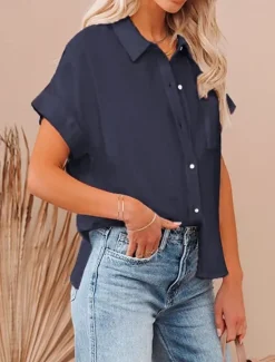 Outlet Shirt Cotton Linen Shirts Button Up Blouse Women's Black White Pink Plain Buttons Pocket Street Daily Fashion Shirt Collar Regular Fit S Women Shirts