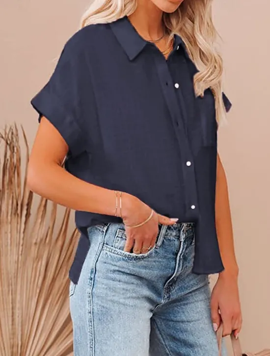 Outlet Shirt Cotton Linen Shirts Button Up Blouse Women's Black White Pink Plain Buttons Pocket Street Daily Fashion Shirt Collar Regular Fit S Women Shirts