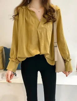 Shirt Cotton Linen Shirts Linen Shirt Button Up Women's Yellow Navy Blue Beige Solid Color Sexy Street Daily Fashion V Neck Cotton Linen Regular Fit M Women Shirts