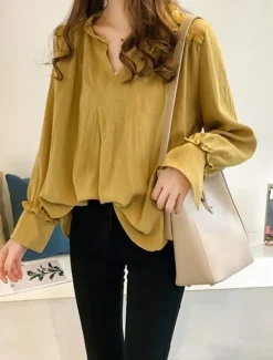 Shirt Cotton Linen Shirts Linen Shirt Button Up Women's Yellow Navy Blue Beige Solid Color Sexy Street Daily Fashion V Neck Cotton Linen Regular Fit M Women Shirts