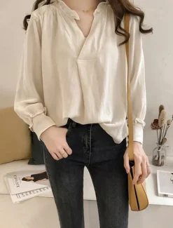 Shirt Cotton Linen Shirts Linen Shirt Button Up Women's Yellow Navy Blue Beige Solid Color Sexy Street Daily Fashion V Neck Cotton Linen Regular Fit M Women Shirts
