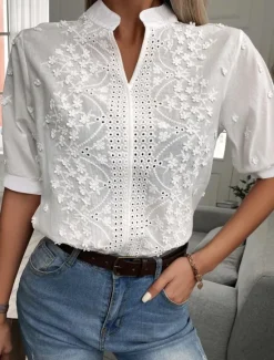 Sale Shirt Lace Shirt Blouse Dressy Tops Women's Plain Eyelet Lace Street Daily Basic Modern V Neck Regular Fit S Women Lace Tops
