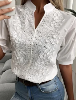 Sale Shirt Lace Shirt Blouse Dressy Tops Women's Plain Eyelet Lace Street Daily Basic Modern V Neck Regular Fit S Women Lace Tops