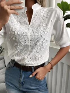 Sale Shirt Lace Shirt Blouse Dressy Tops Women's Plain Eyelet Lace Street Daily Basic Modern V Neck Regular Fit S Women Lace Tops