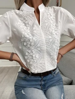 Sale Shirt Lace Shirt Blouse Dressy Tops Women's Plain Eyelet Lace Street Daily Basic Modern V Neck Regular Fit S Women Lace Tops