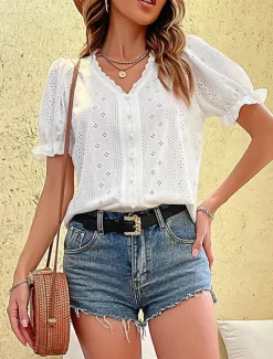 Hot Shirt Lace Shirt Blouse Eyelet top Women's Plain Lace Cut Out Street Daily Fashion V Neck Regular Fit S Women Blouses & Shirts