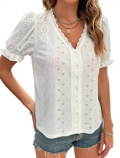 Hot Shirt Lace Shirt Blouse Eyelet top Women's Plain Lace Cut Out Street Daily Fashion V Neck Regular Fit S Women Blouses & Shirts