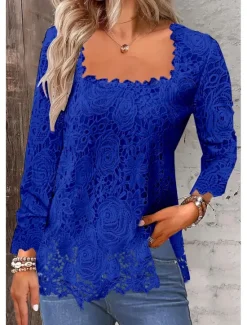 Online Shirt Lace Shirt Blouse Eyelet top Women's Black White Pink Plain Lace Street Daily Fashion Square Neck Regular Fit S Women Lace Tops
