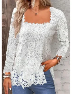 Online Shirt Lace Shirt Blouse Eyelet top Women's Black White Pink Plain Lace Street Daily Fashion Square Neck Regular Fit S Women Lace Tops