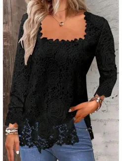 Online Shirt Lace Shirt Blouse Eyelet top Women's Black White Pink Plain Lace Street Daily Fashion Square Neck Regular Fit S Women Lace Tops