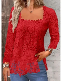 Online Shirt Lace Shirt Blouse Eyelet top Women's Black White Pink Plain Lace Street Daily Fashion Square Neck Regular Fit S Women Lace Tops
