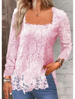 Online Shirt Lace Shirt Blouse Eyelet top Women's Black White Pink Plain Lace Street Daily Fashion Square Neck Regular Fit S Women Lace Tops