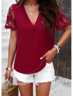 Discount Shirt Lace Shirt Blouse Mesh Patchwork Top Women's White Wine Fuchsia Plain Mesh Street Daily Fashion V Neck Regular Fit S Women Lace Tops