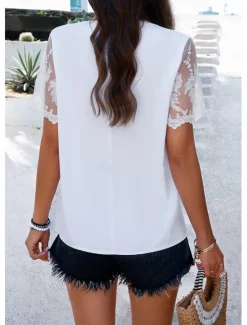 Discount Shirt Lace Shirt Blouse Mesh Patchwork Top Women's White Wine Fuchsia Plain Mesh Street Daily Fashion V Neck Regular Fit S Women Lace Tops