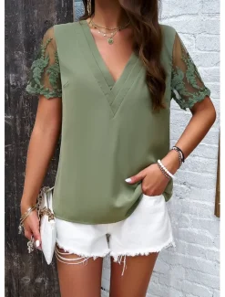 Discount Shirt Lace Shirt Blouse Mesh Patchwork Top Women's White Wine Fuchsia Plain Mesh Street Daily Fashion V Neck Regular Fit S Women Lace Tops