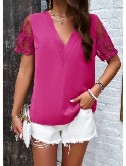 Discount Shirt Lace Shirt Blouse Mesh Patchwork Top Women's White Wine Fuchsia Plain Mesh Street Daily Fashion V Neck Regular Fit S Women Lace Tops