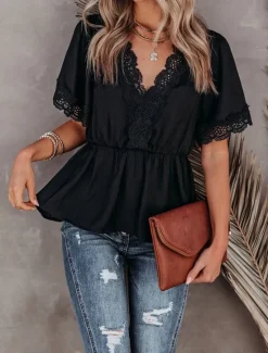 Outlet Shirt Lace Shirt Blouse White Lace Shirt Women's Black White Plain Lace Flowing tunic Street Daily Fashion V Neck Regular Fit S Women Blouses & Shirts