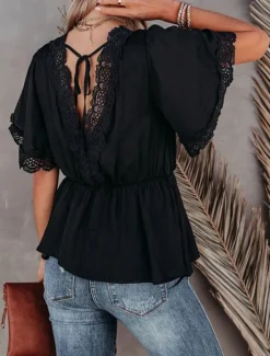 Outlet Shirt Lace Shirt Blouse White Lace Shirt Women's Black White Plain Lace Flowing tunic Street Daily Fashion V Neck Regular Fit S Women Blouses & Shirts