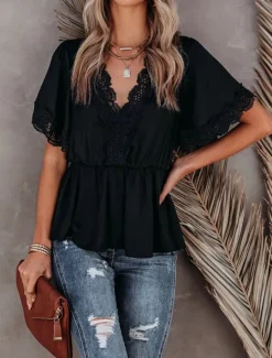 Outlet Shirt Lace Shirt Blouse White Lace Shirt Women's Black White Plain Lace Flowing tunic Street Daily Fashion V Neck Regular Fit S Women Blouses & Shirts