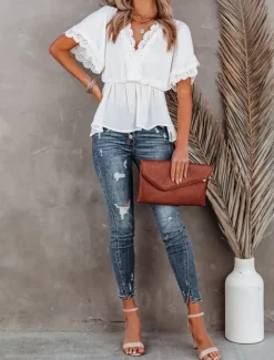 Outlet Shirt Lace Shirt Blouse White Lace Shirt Women's Black White Plain Lace Flowing tunic Street Daily Fashion V Neck Regular Fit S Women Blouses & Shirts