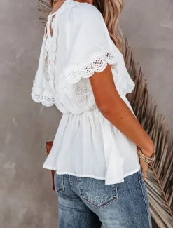 Outlet Shirt Lace Shirt Blouse White Lace Shirt Women's Black White Plain Lace Flowing tunic Street Daily Fashion V Neck Regular Fit S Women Blouses & Shirts