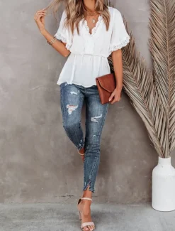 Outlet Shirt Lace Shirt Blouse White Lace Shirt Women's Black White Plain Lace Flowing tunic Street Daily Fashion V Neck Regular Fit S Women Blouses & Shirts