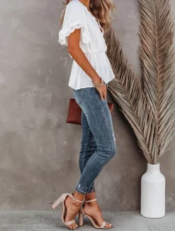 Outlet Shirt Lace Shirt Blouse White Lace Shirt Women's Black White Plain Lace Flowing tunic Street Daily Fashion V Neck Regular Fit S Women Blouses & Shirts