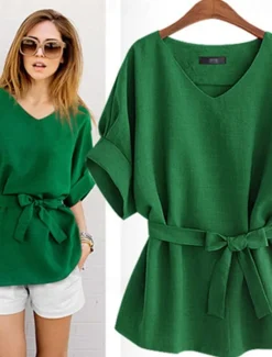Shirt Linen Shirt Blouse Cotton Linen Shirts Women's Wine Navy Blue Green Solid Color Lace up Street Daily Fashion Round Neck Cotton Linen Regular Fit M Women Shirts
