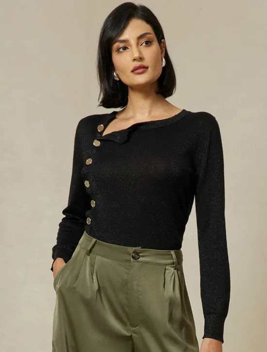 Discount Slash Neck Button Up Cropped Knit Top Women Pullovers & Tops